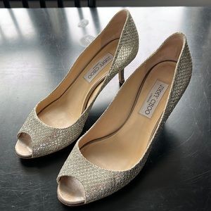 Jimmy Choo silver and gold peep toe heel, size 7 1/2